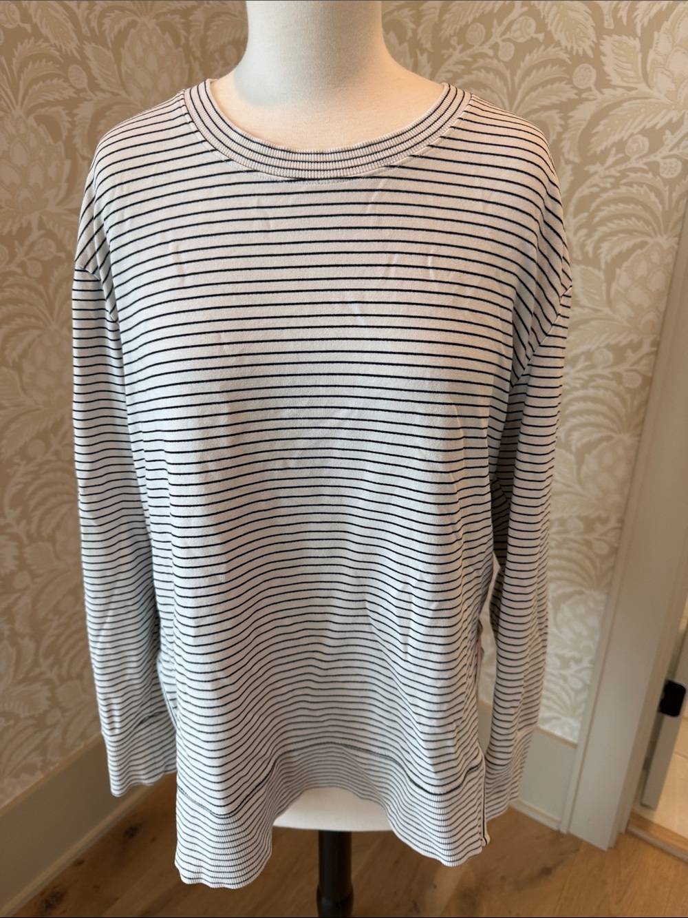 Daily Ritual White and Black Striped Crewneck Top